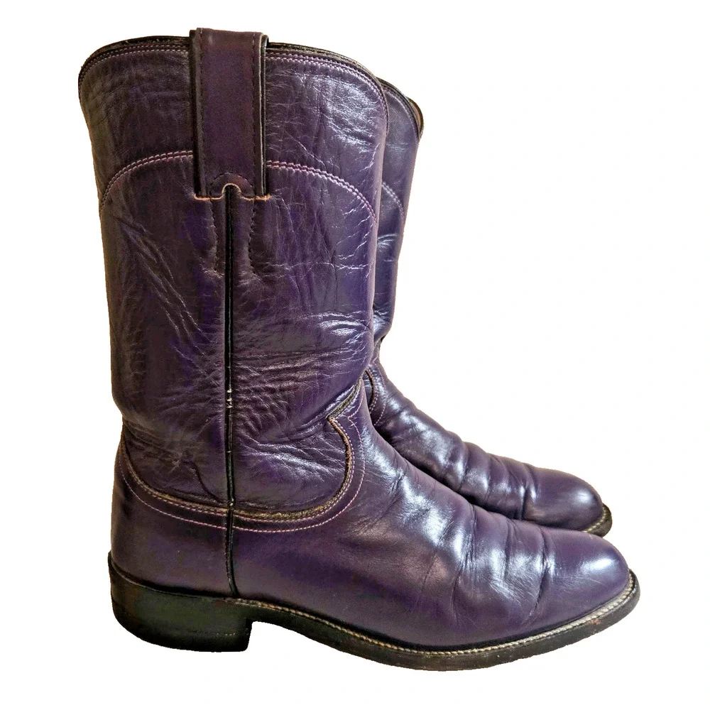 Vintage Justin L3081 Purple Leather Cowboy Western Roper Boots 7
